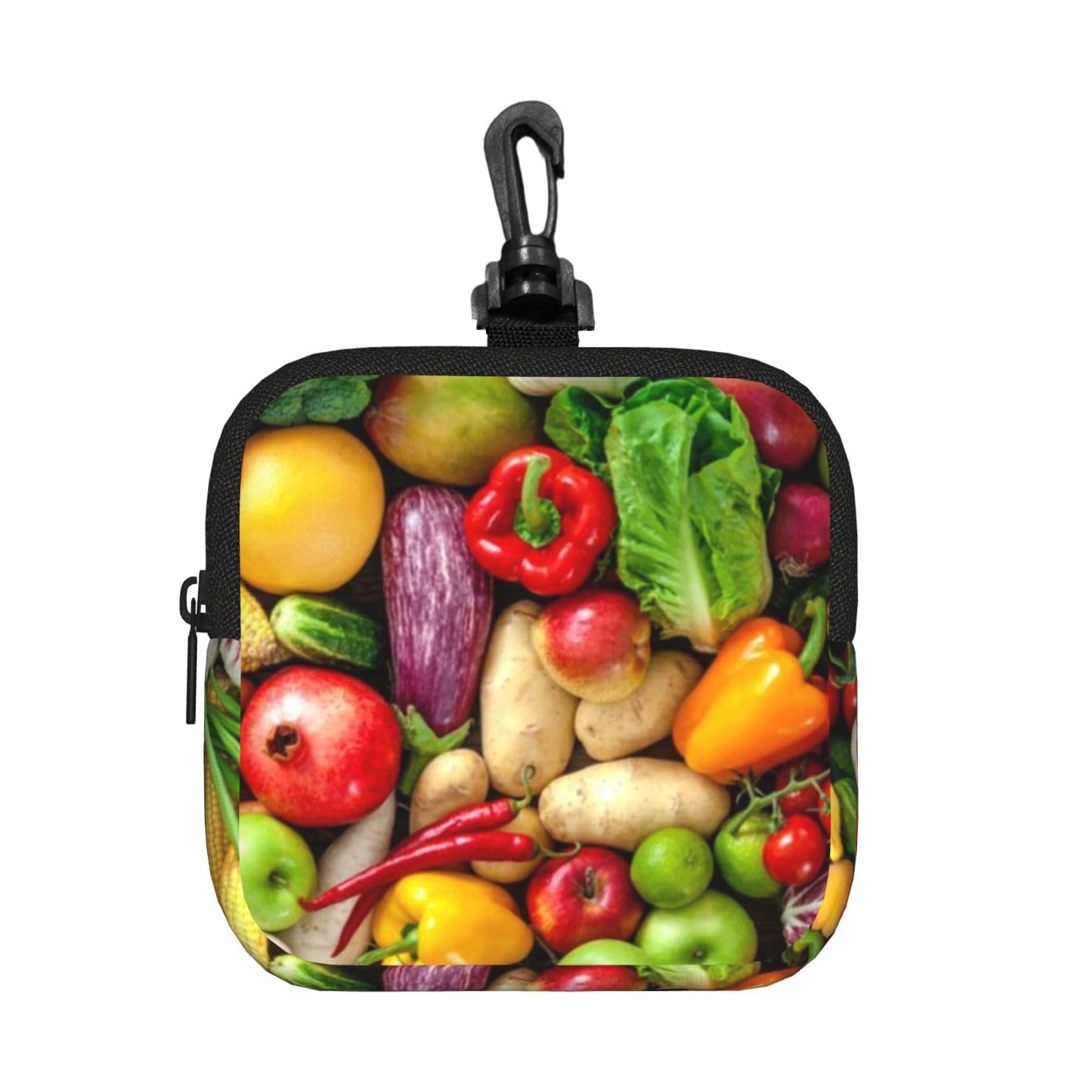 Ercgad Unisex Black Fresh Fruits And Vegetables Print Square Storage Bag Travel Toiletry Cosmetic Organizer Pouch Lightweight Reusable