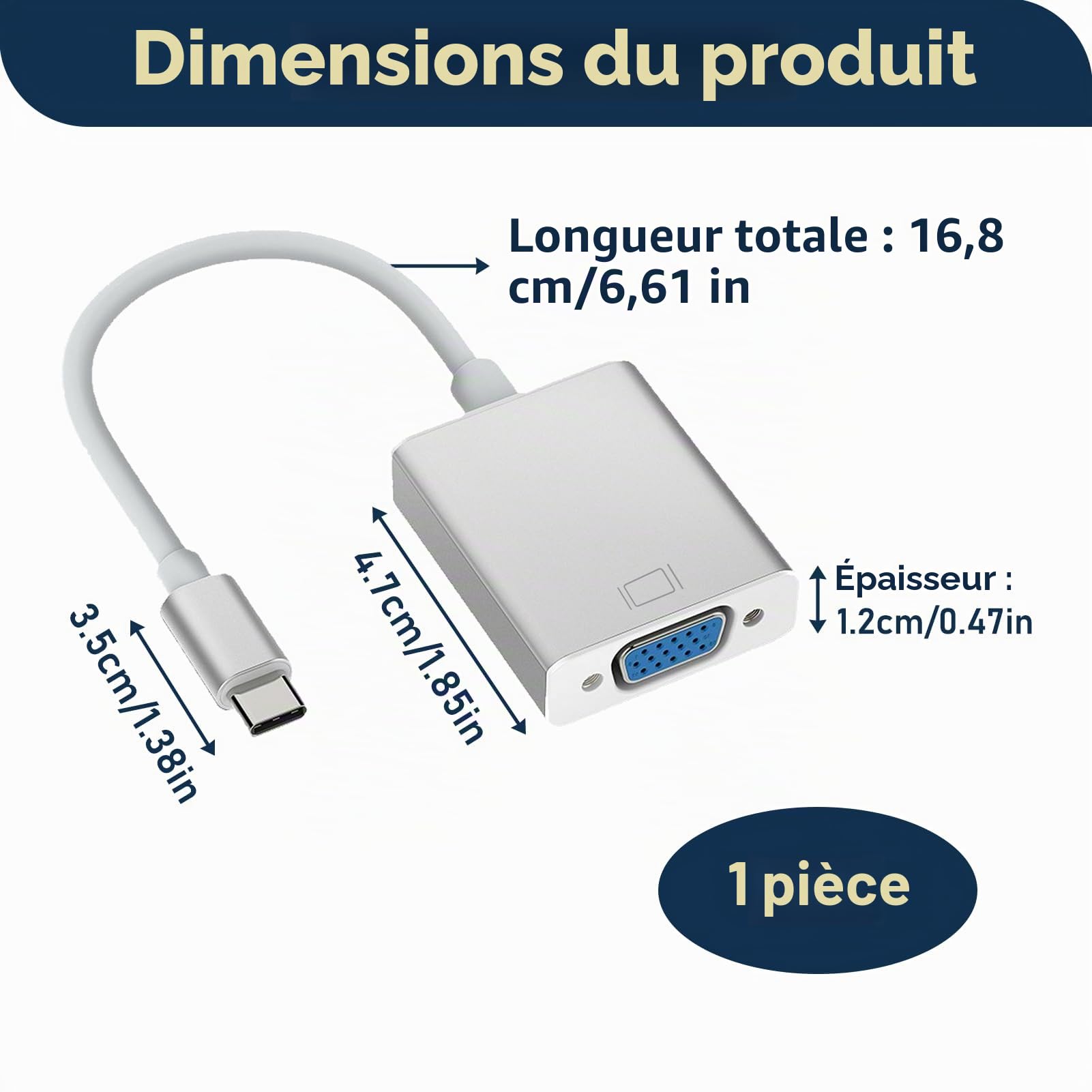 Adaptateur USB C vers VGA, Compatible Thunderbolt 3/4, Convertisseur Mâle vers Femelle, Résolution 1920x1200 pour MacBook Pro/Air, iPhone 15 Plus Pro Max, Boîtier en Aluminium, Accessoires Multimédia