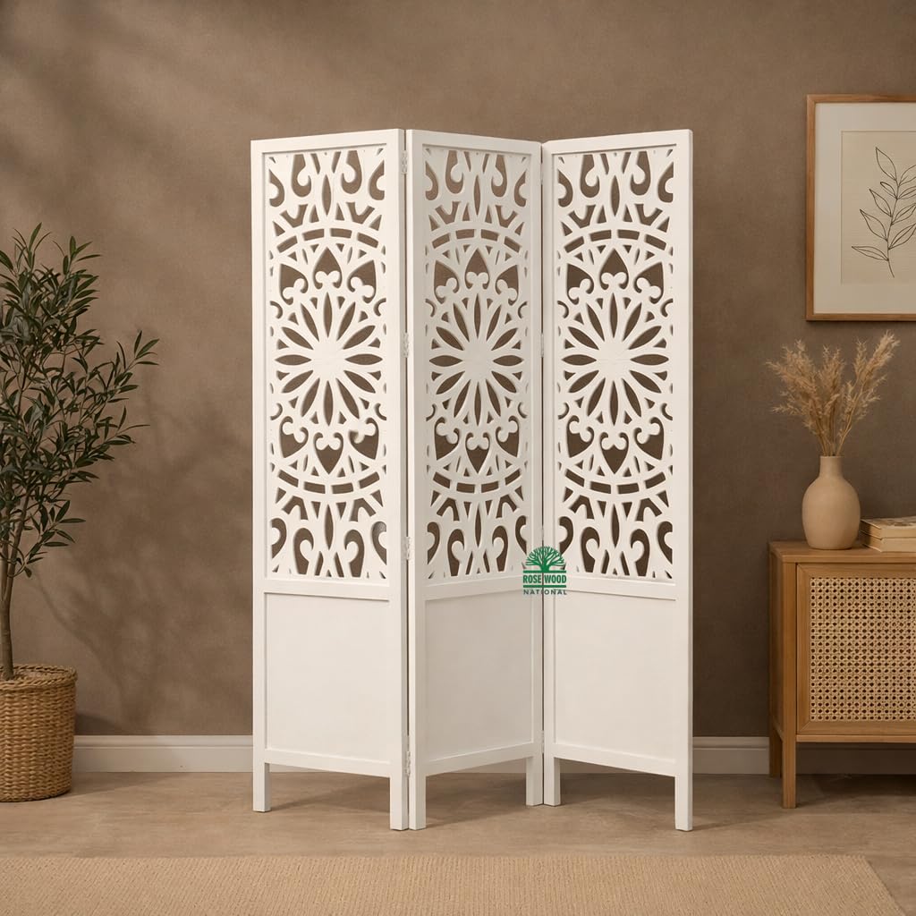 Rose Wood Partition for Pooja Room 6 Feet I Wooden partition Separators for Living Room I Wall Partition I Foldable Panel I Screen Divider for Studio I Room partition - (White) (3 Panel)-picture-18