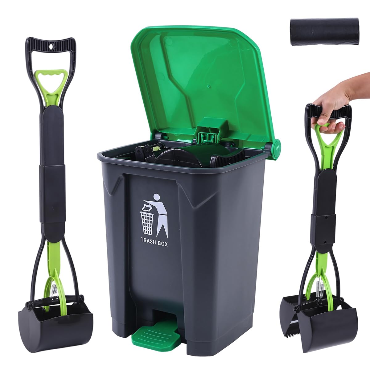 pooper scooper 2 pack with 20 litre step dog poop trash can, 28" long handle dog poop scoopers for large small dogs heavy duty, removable inner bucket for outdoors, 50 waste bags included (green)