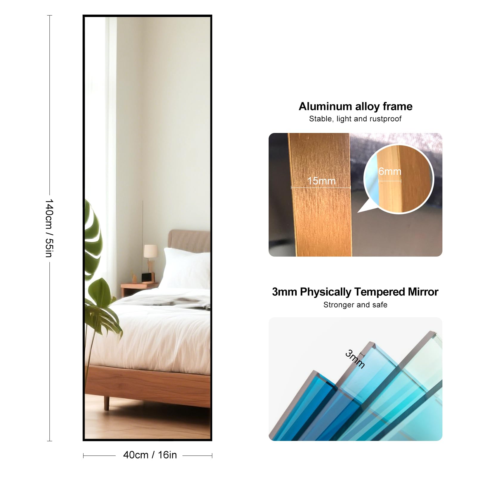 Grand Miroir Sur Pied Arc - 180 X 80 Cm - Grand Miroir Mural Sur Pied - En HD - Avec Support - Pour Chambre à Coucher, Salon - Noir - 180 X 80 Cm