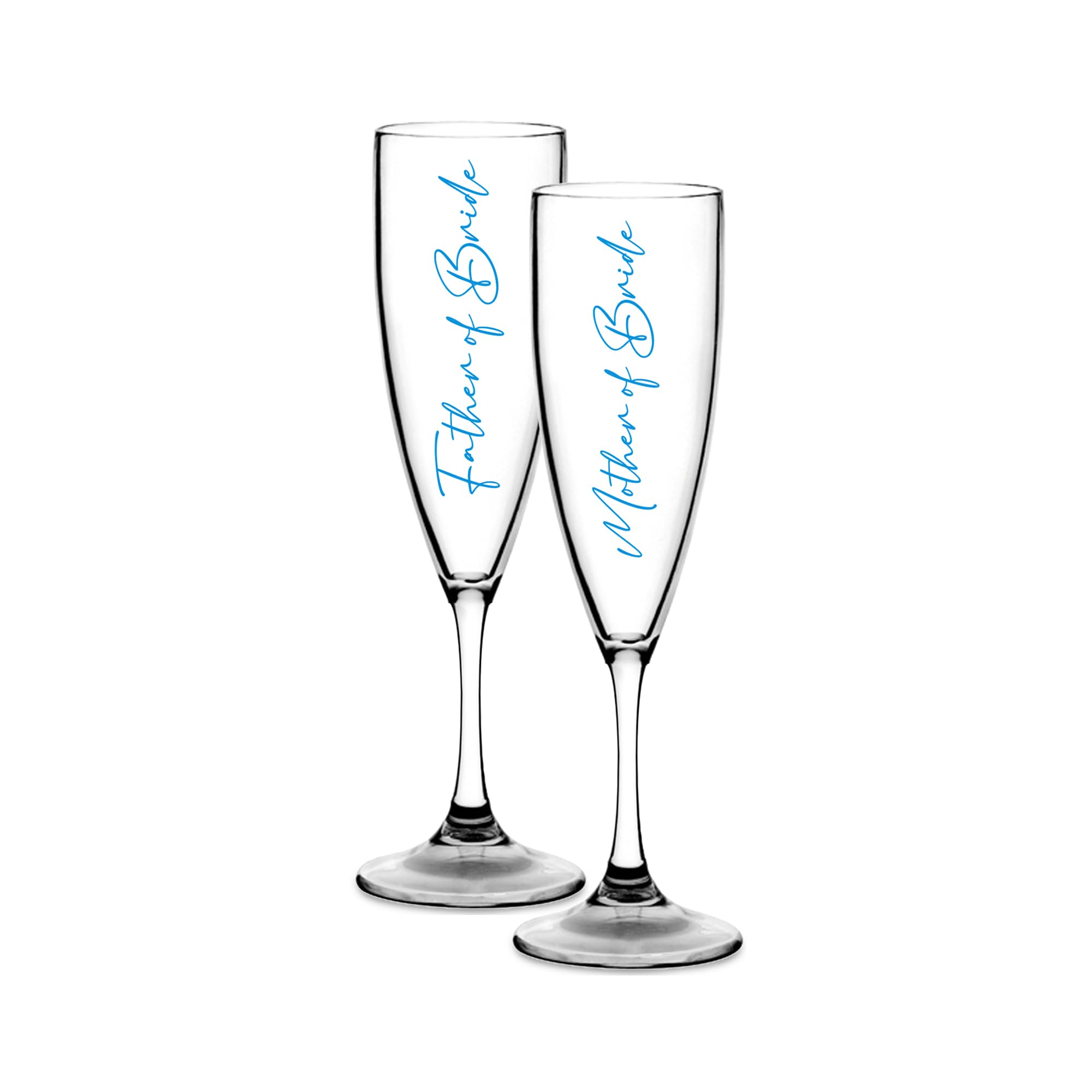 Print Maniacs Champagne Premium Clear Flute Glass Bride Groom Mr Mrs Wedding Maid Honour Wine Cocktail Prosecco Celebrations Gift (Blue, Mother + Father Bride Set)