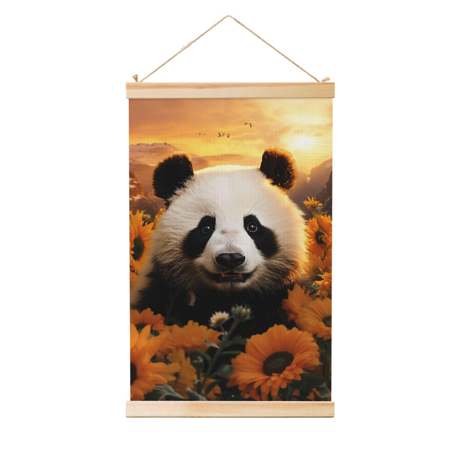 Panda and Sunflower Poster Wooden Shaft Hanging Poster Wall Hanging Banner Canvas Artwork with Wood Frames 16"x24" Modern Artwork Decor Ready to Hang Wall Art for Home Decor Scroll Painting