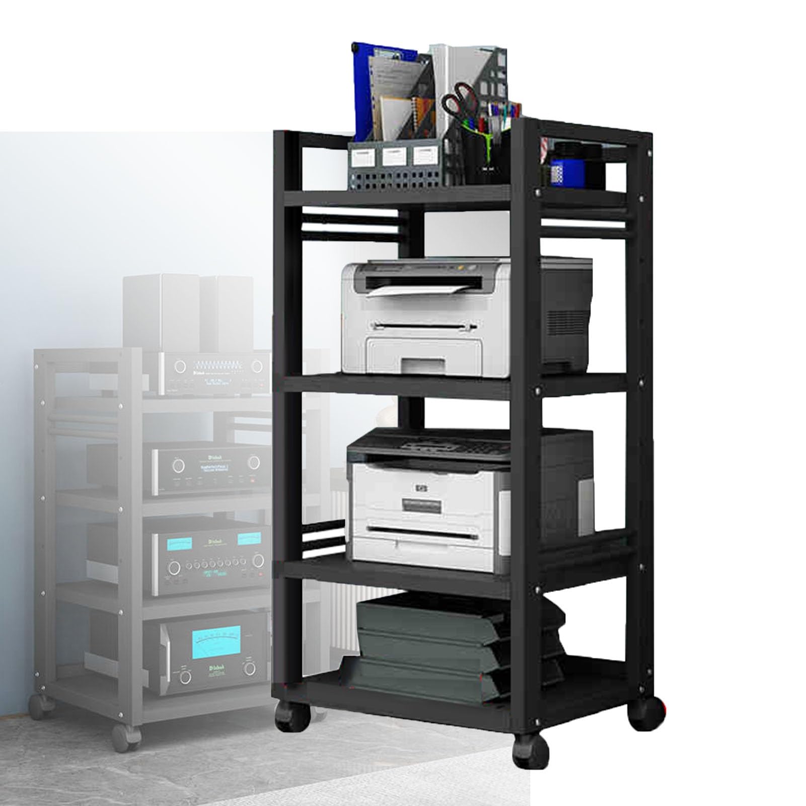 4-poziomowy stojak na sprzęt audio, stojak na multimedia AV z kółkami, stojak na stereo audio, z półkami o regulowanej wysokości do kina domowego(Black)