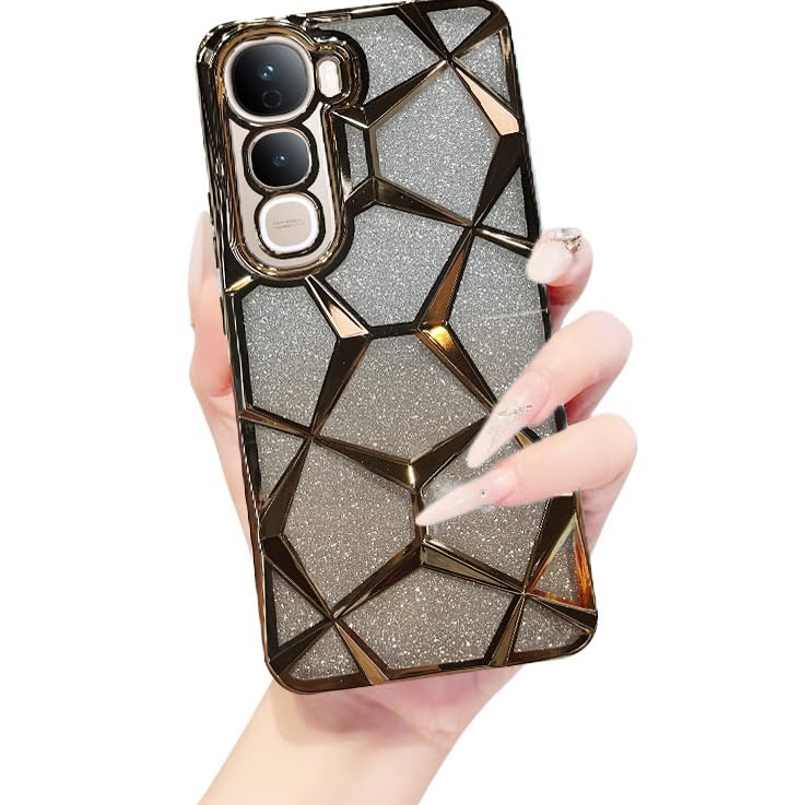 Image of VONZEE Gradient Glitter Case for VIVO Y400, Luxury Electroplated 3D Cube, Diamond Bling Shiny Soft TPU Clear Shockproof Women Girls Protective Phone Cover (Gold)