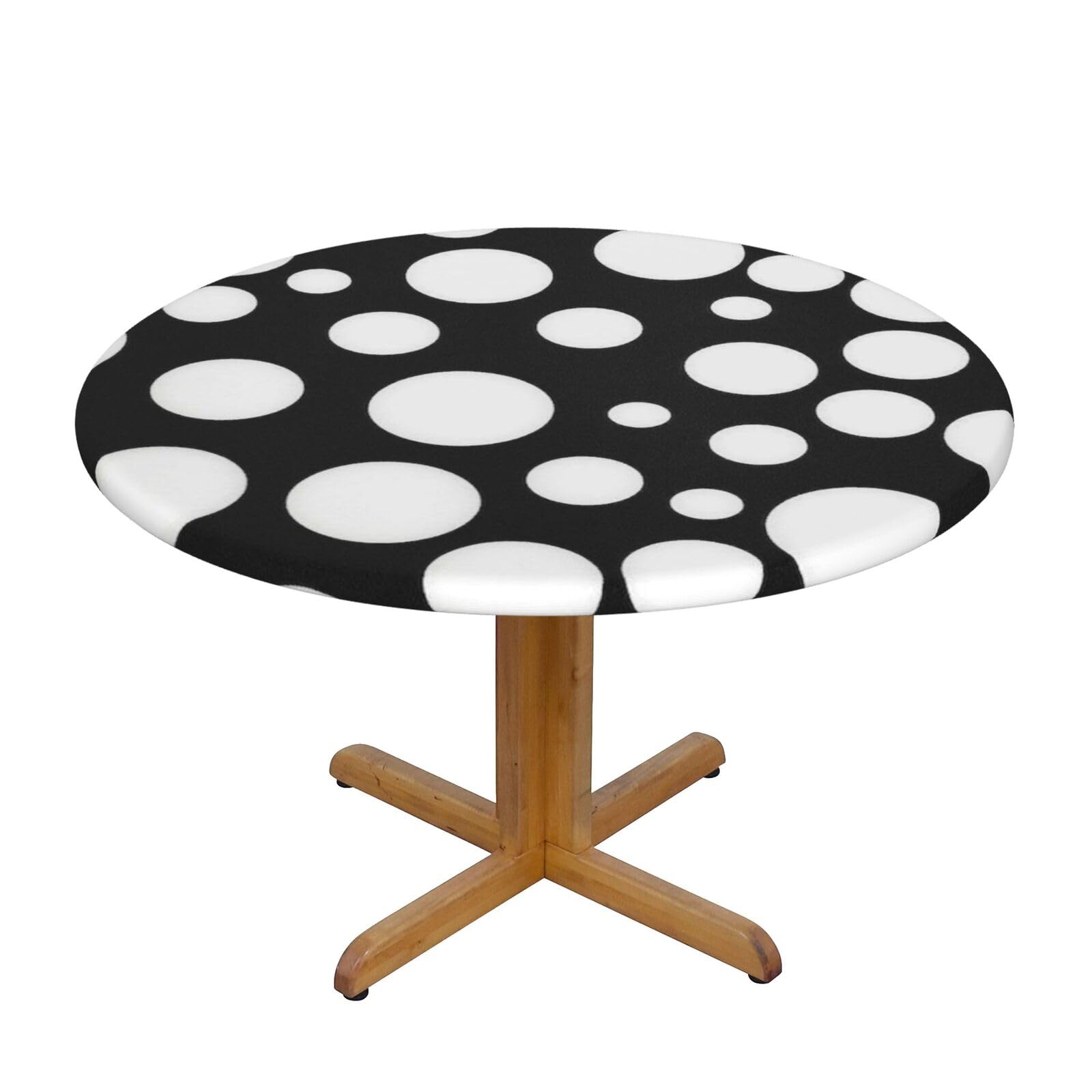 Ffshkowe Black And White Polka Dot Elastic Round Tablecloth Oil Proof Table Cover For Dining Party Picnic