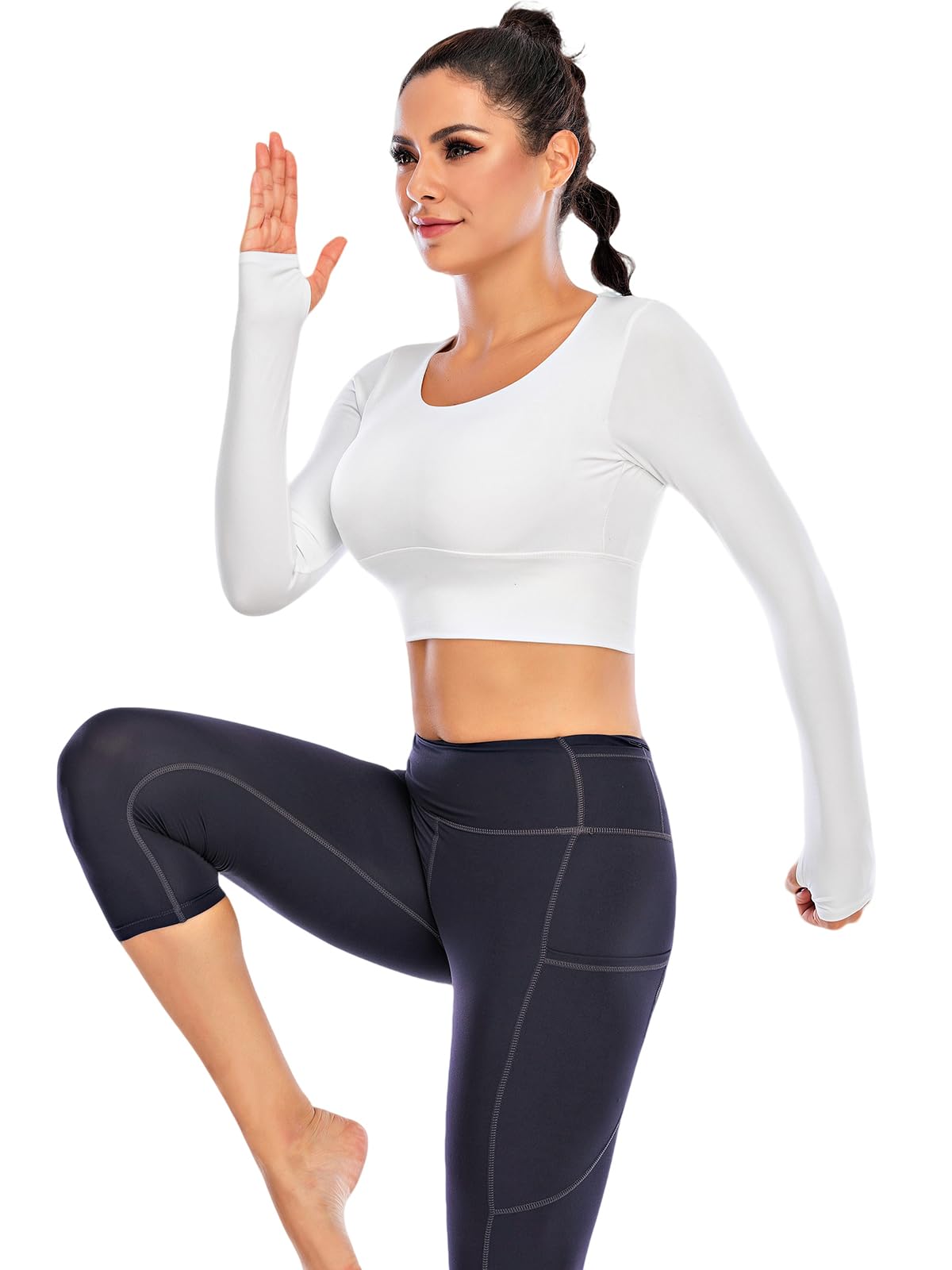 ECUPPER Women Long Sleeve Workout Tops Backless Yoga Gym Shirts Athletic Crop Top with Built in Bra for Fitness Sports