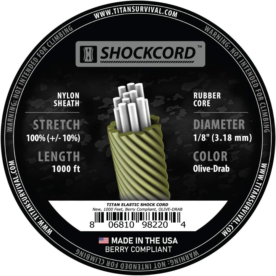 TITAN Survival Bungee Cord 1/8” Inch 1000ft - Heavy Duty Bungee Cords for Outdoor, Camping - Extra Long MIL-SPEC ShockCord Bungie Cord - Durable 100% Stretch Bungee Rope for Securing & Tethering