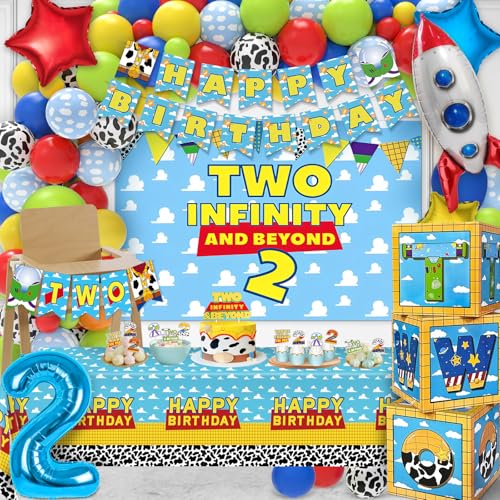Two Infinity and Beyond Birthday Decorations 108 Pcs Toy Inspired Story 2nd Birthday Party Supplies Include Toy Inspired Story Balloon Boxes Banner Balloons Backdrop Cake Topper Tablecloth