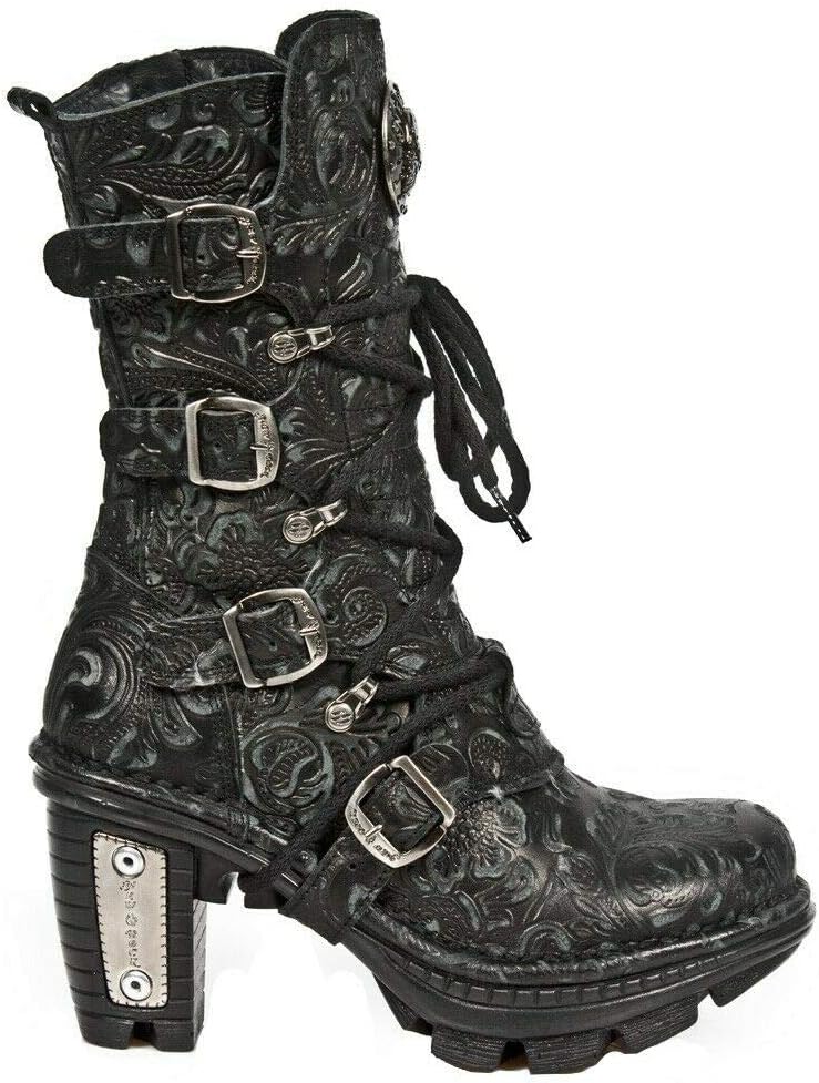 New Rock NEOTR005-S25 Vintage Floral Black Gothic Rock Punk Ladies Leather Fashion Calf Boots 42