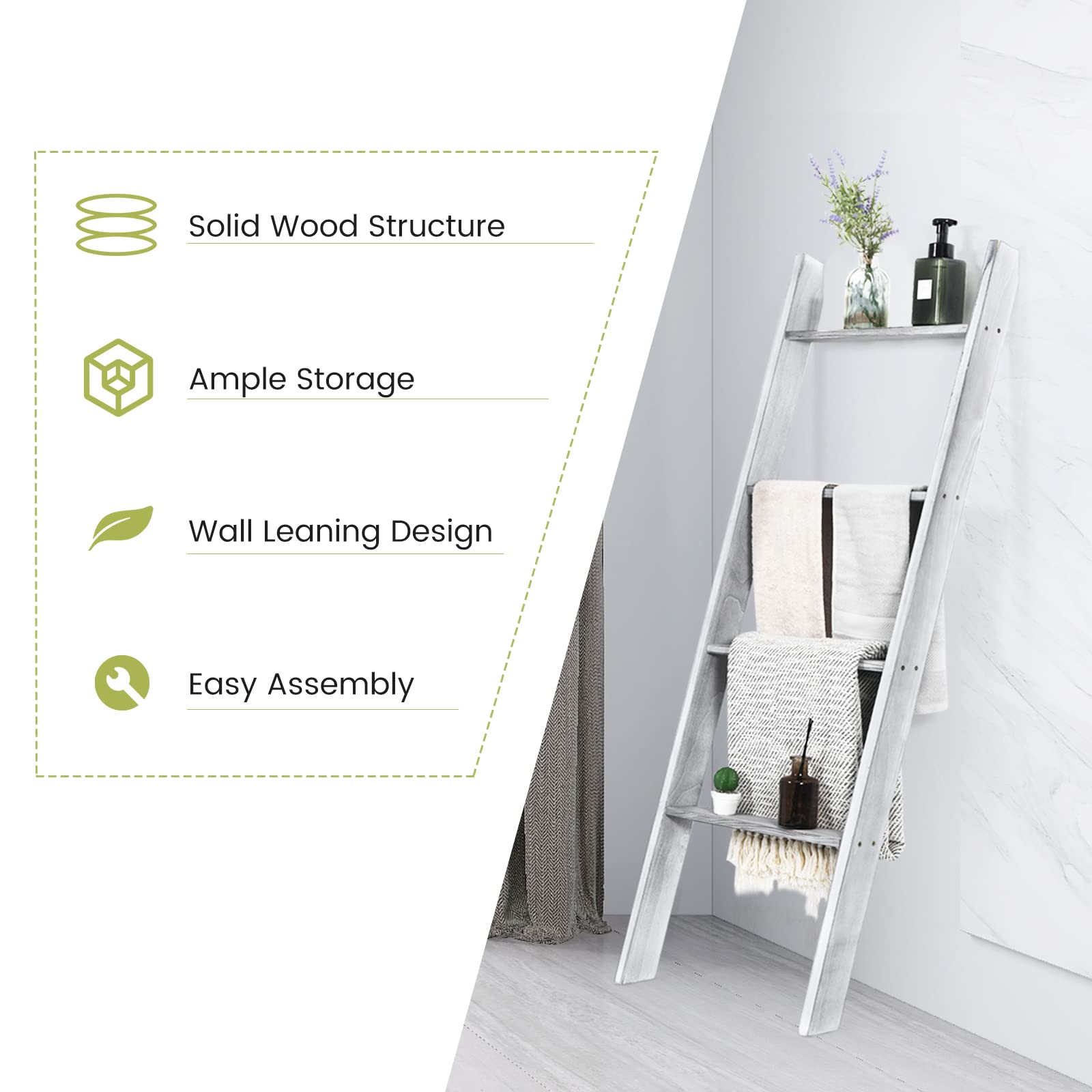 GIANTEX Toallero Escalera de Baño con 4 Barras para Colgar Toallas y Ropas, Estantería contra la Pared, 50 x 50,5 x 128,5 cm, Toallero de Madera 4 Niveles para Baño, Salón, Dormitorio (Gris)