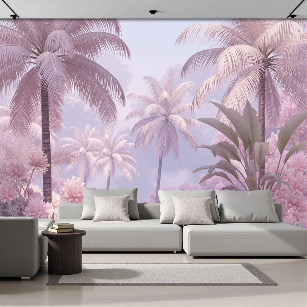 Carta da Parati Fotografica 300 x 210cm Grande Sfondo per TV, Palmeto Paesaggio Onirico Poster Gigante Design Cameretta Carta per Pareti Rosa Viola Decorazione