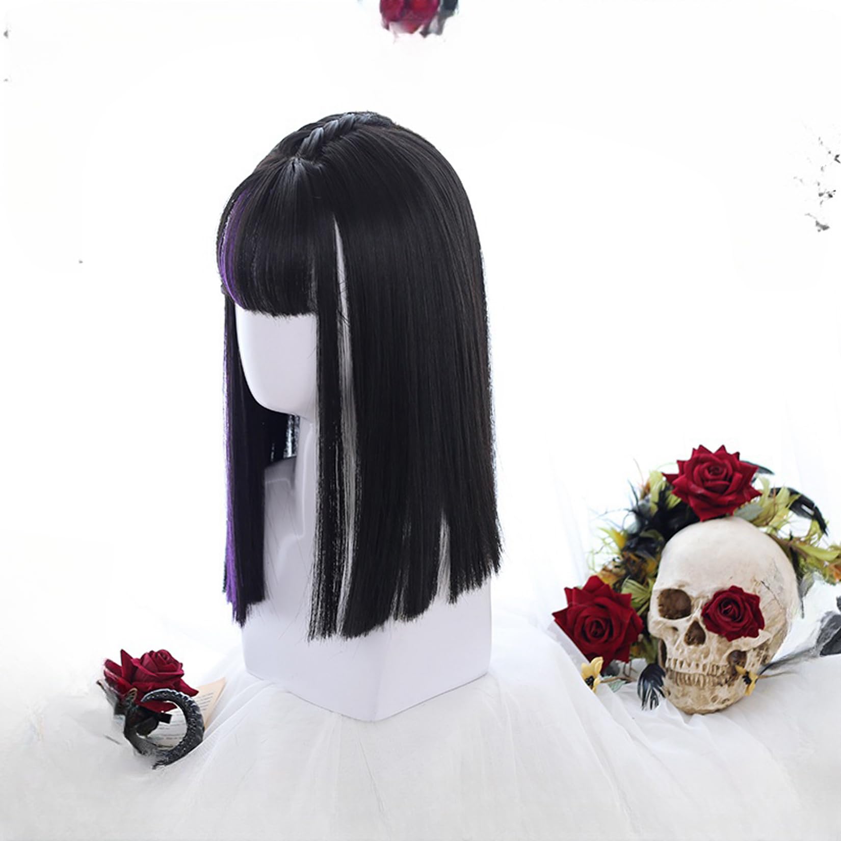 Amazon.co.jp: 黒 紫 メッシュ セミロング コスプレウィッグ ロリータ 