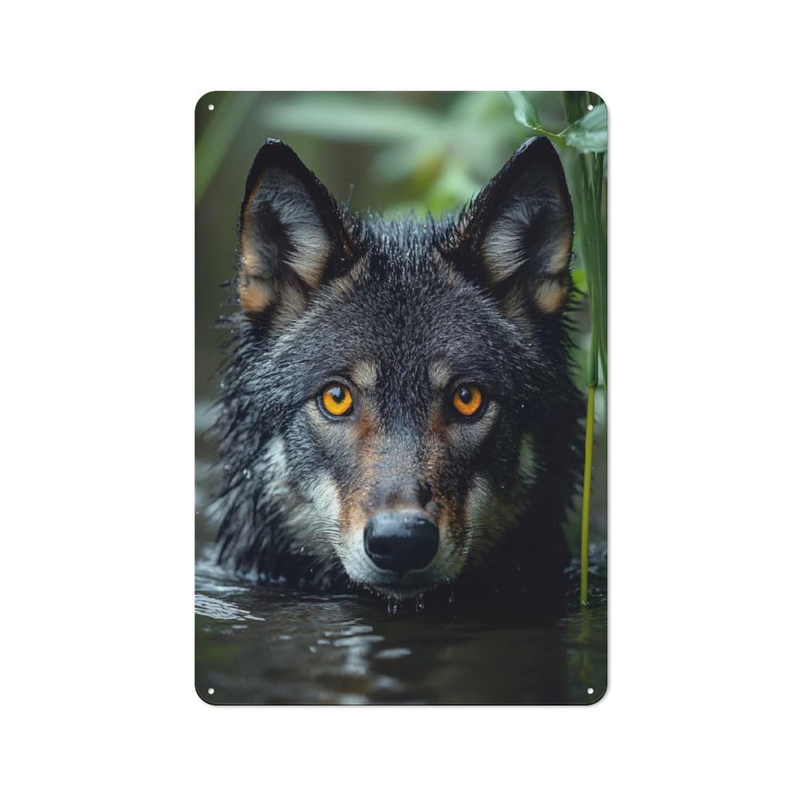 Wolf Portrait in Water Understated Metal Wall Decor 30x20cm, Office Metal Sign for Office, Study, Studio Or Hallway