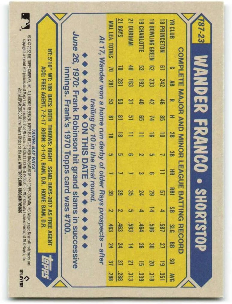 2022 Topps 1987 Topps 35th Anniversary #T87-23 Wander Franco NM-MT Tampa Bay Rays Baseball MLB