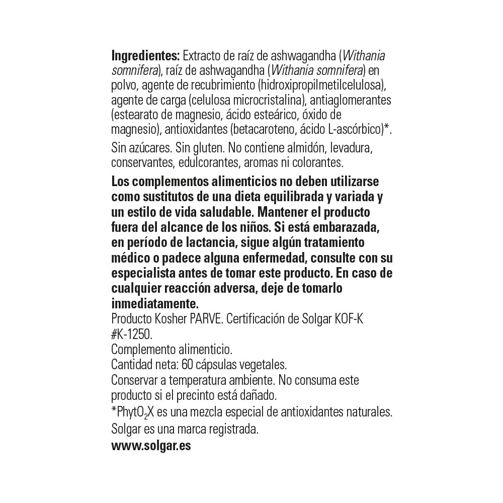 Solgar Ashwagandha Extracto de Raíz SFP – 60 Cápsulas Vegetales – Relajación Física y Mental – Adaptógeno Natural para Estrés y Relajación – Antioxidante natural – Apto Veganos, Sin Gluten