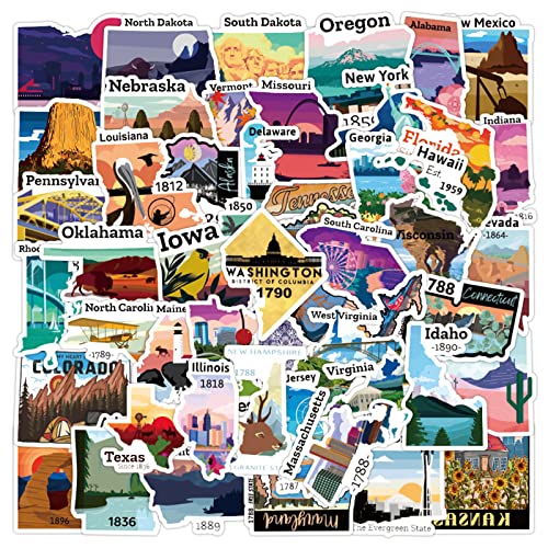 50PCS State Stickers, Travel USA Stickers for Luggage,Scrapbook,Water Bottle, United States Map...
