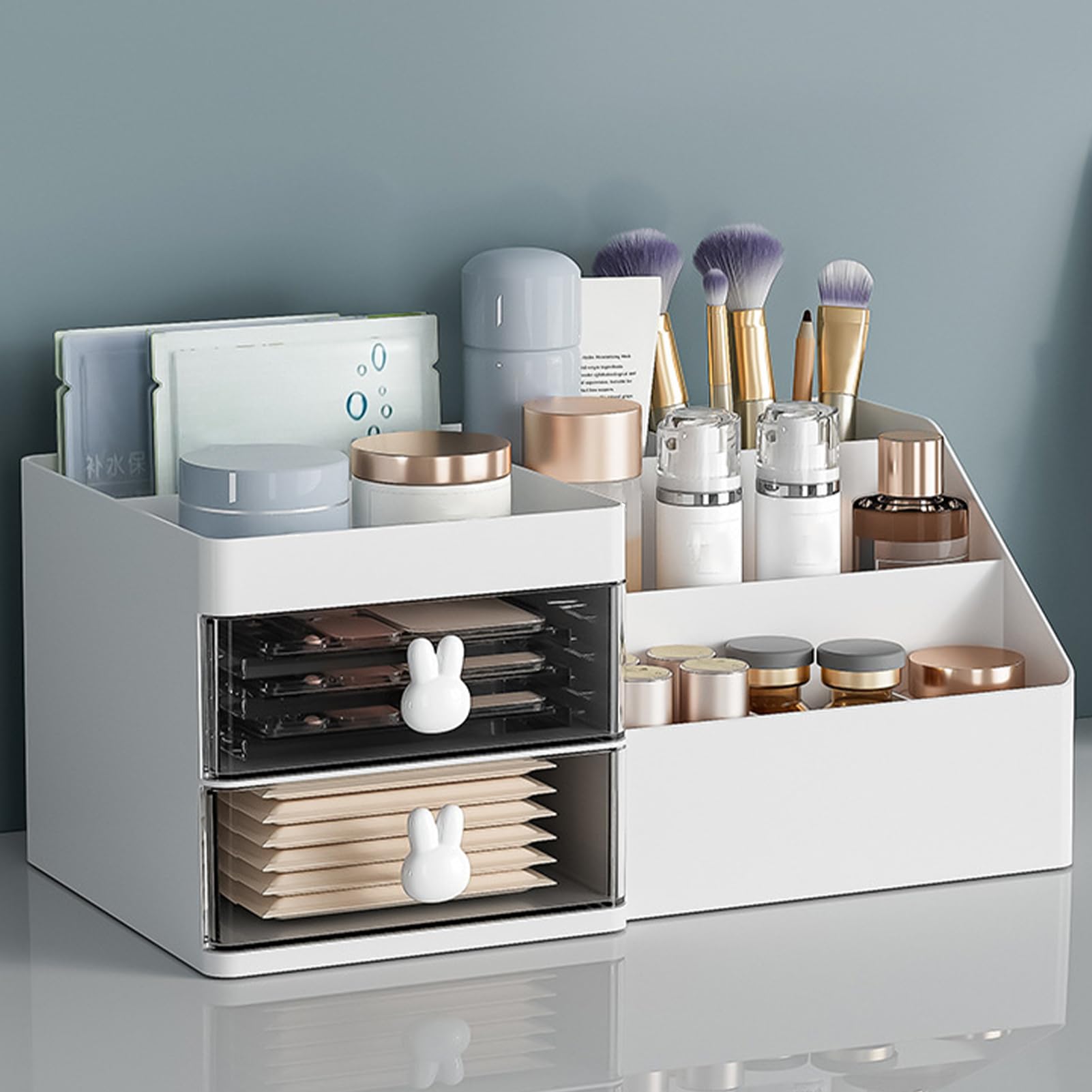 Generico Stationary Organizer - Makeup Organizer Drawers, Multiple Compartment Desktop, Rabbit Handle Double Layer Drawer Box, Desk Stationery Storage Box For Pencil Pen | Office Supply Organizers