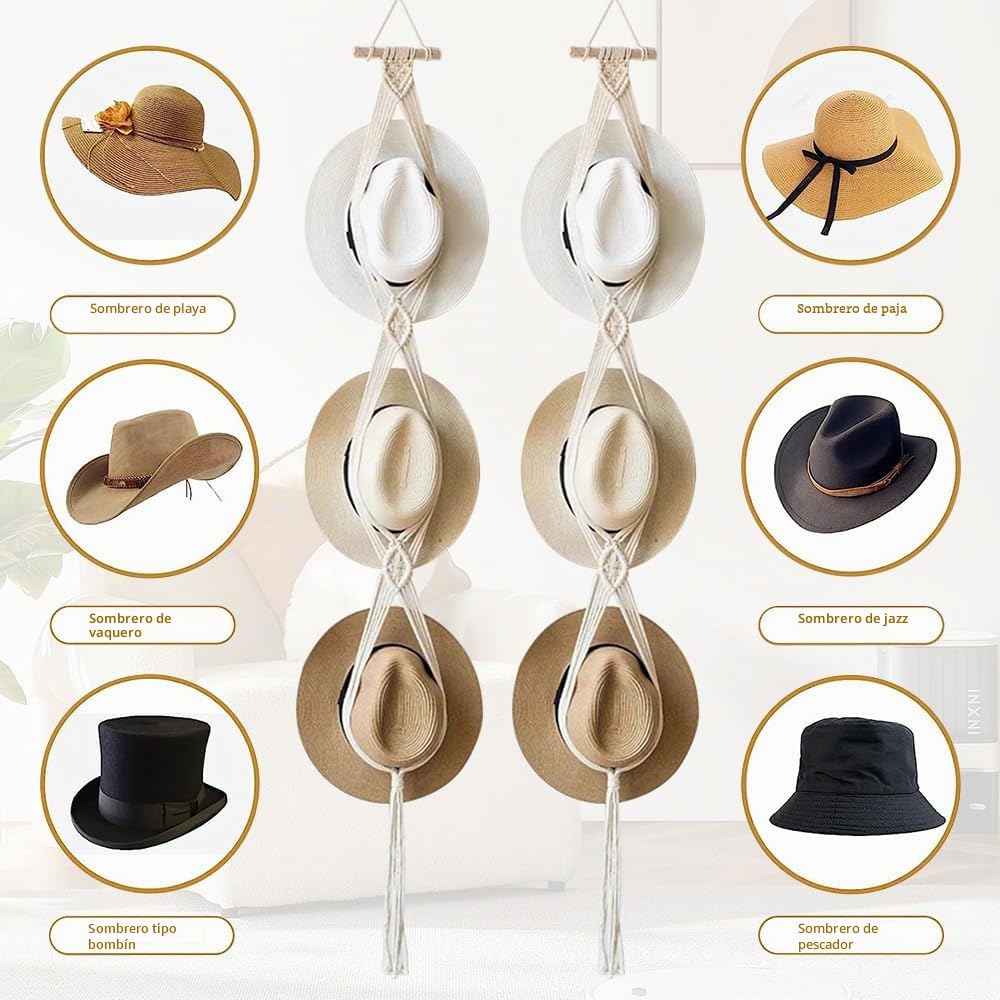 Paquete de 2 perchas para sombreros de macramé, soporte de cuerda de algodón para sombreros, soporte para gorras, perchas para puertas para sombreros de ala ancha, bufandas, bolsos, toallas