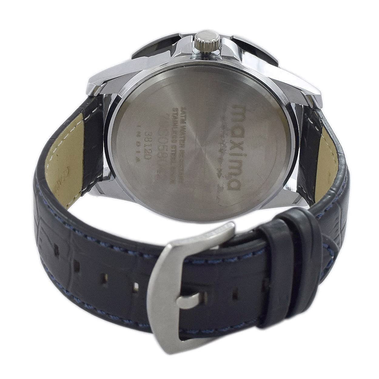 Enrere view of Maxima 38120LMGI watch, showing the case back and leather strap buckle