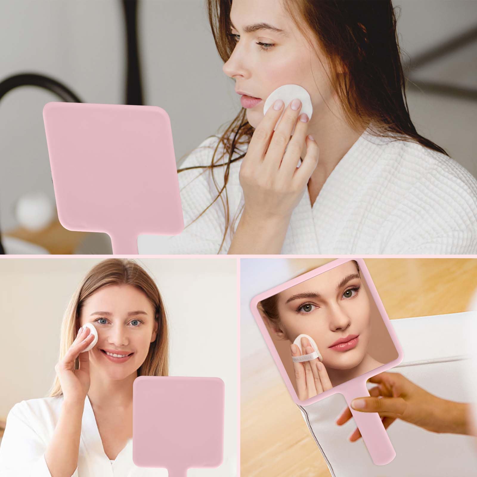 Naapesi Specchio a Mano,Specchio Trucco Portatile con Manico,Specchio Cosmetico Quadrato,Specchietto Dentista,Specchio Barbiere con Comoda Maniglia,Perfetto per Radersi o Applicare il Trucco (Rosa)