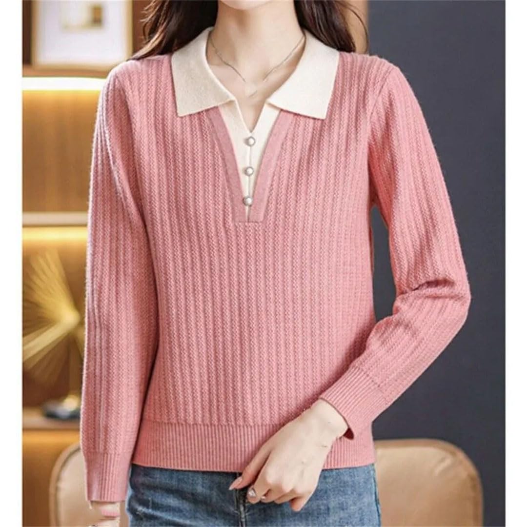 Abbigliamento da donna Turn Down Collar Falso Due Pezzi Maglioni Inverno Pulsante Patchwork Casual Manica Lunga Maglia Top