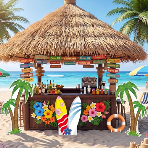 Image of 4 Pcs Hawaiian Party Decorations Set, Palm Tree Surfboard Swimming Ring Cardboard Cutout with Sturdy Bases for Tropical Luau Beach Themed Party Birthday Summer Photo Booth Props