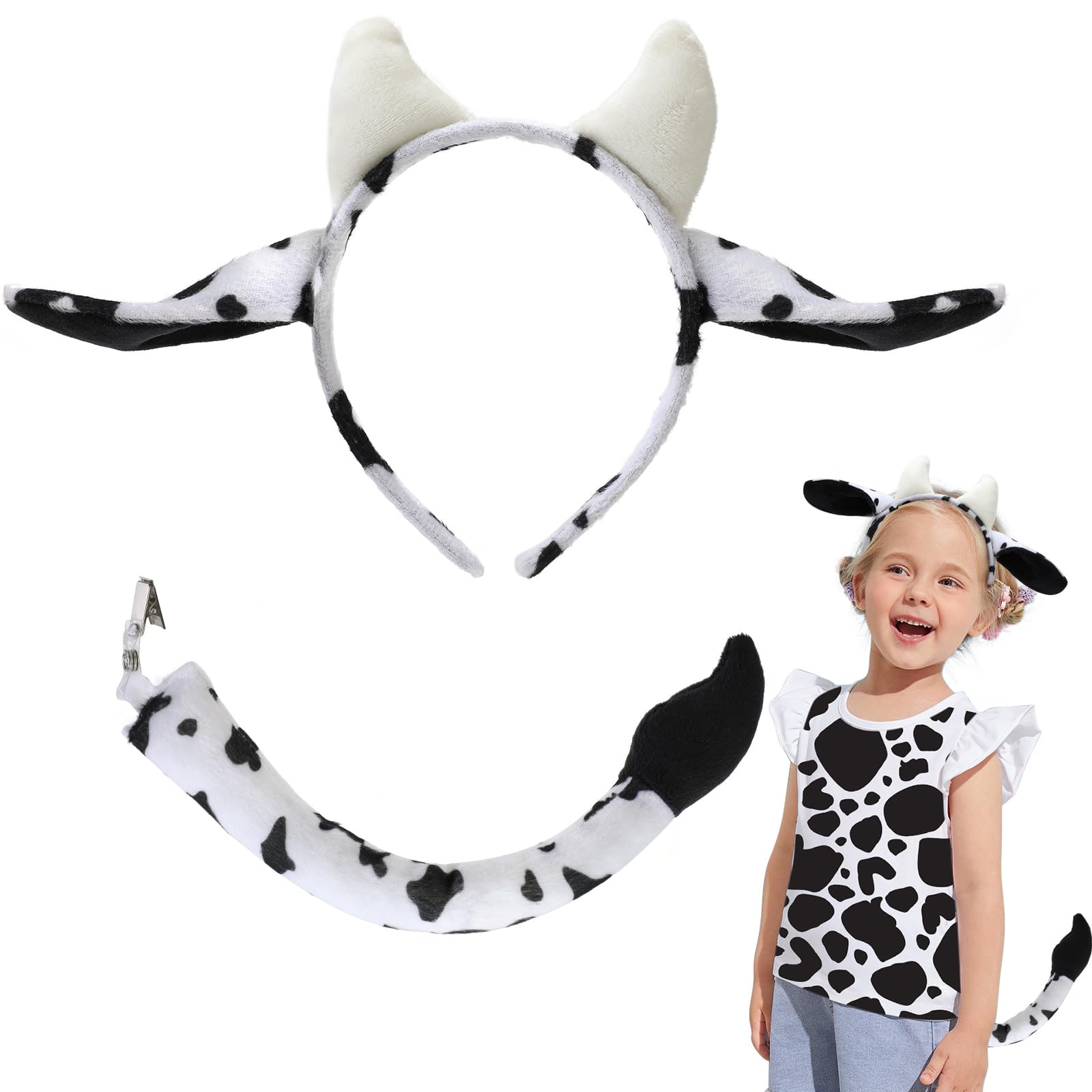 Hifot Disfraz Vaca Niños y Adultos, Diadema Vaca y Cola de Vaca, Conjunto de Diadema y Cola de Animal, Disfraz de Vaca para Halloween Carnaval Fiestas de Cosplay Cumpleaños y Día Mundial del Libro
