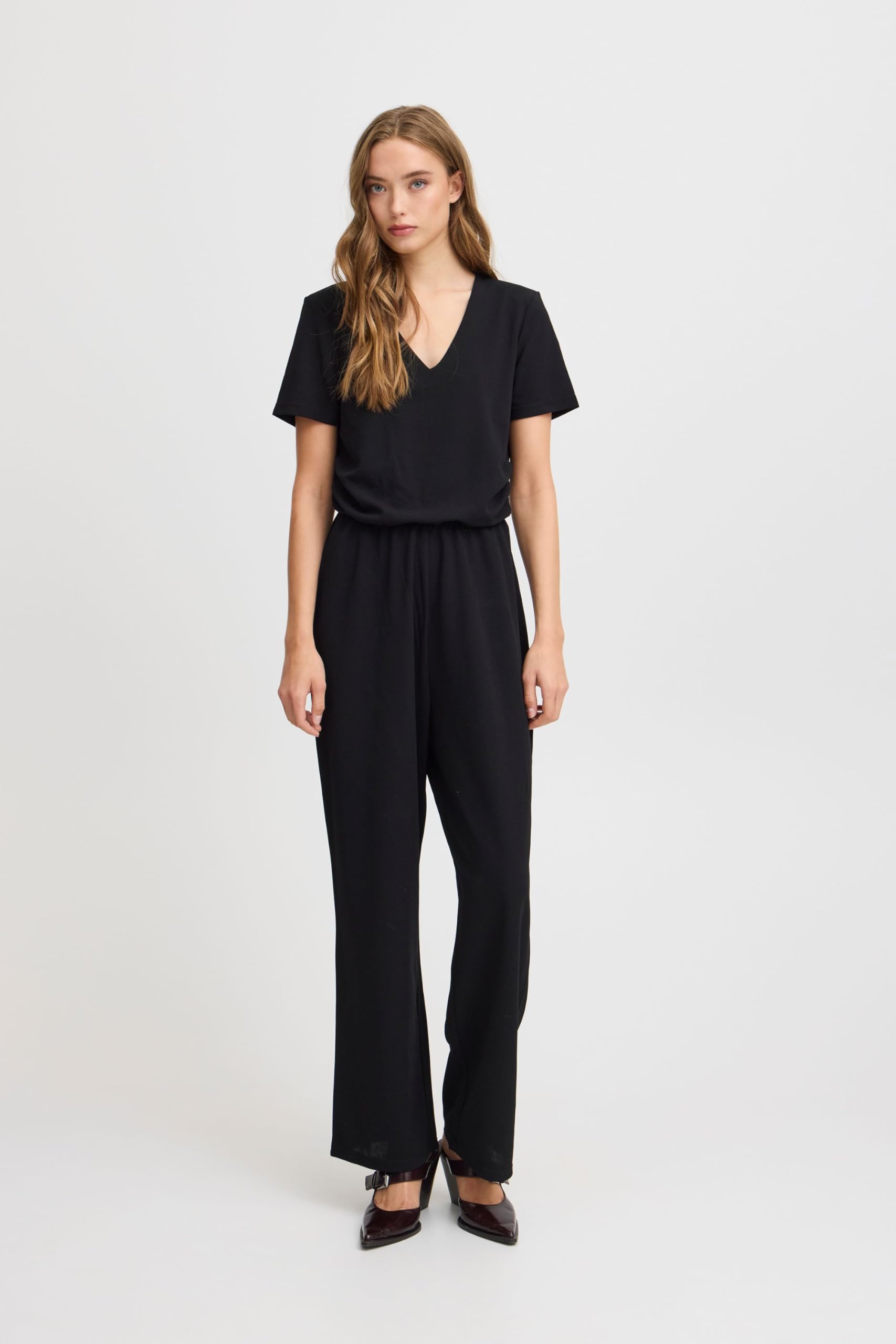 ICHI IXMILA Damen Overall Jumpsuit Einteiler mit V-Ausschnitt Hakenverschluss freie Rückenpartie leicht elastisch Regulat fit