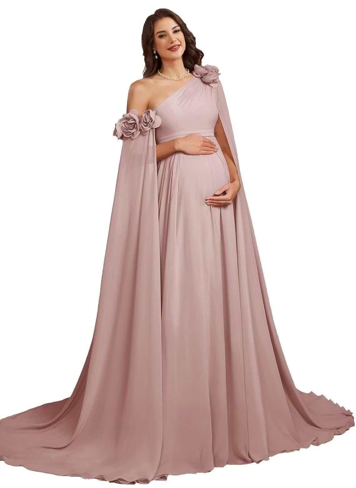 One Shoulder Chiffon Maternity Dresses for Photoshoot Cape Sleeve 3D Floral Long Photography Baby Shower Dress