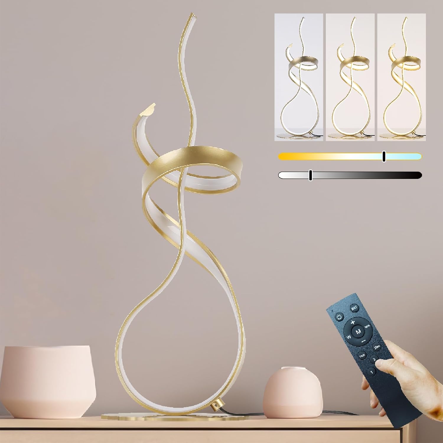 Gold Art Spiral 24W LED Table Lamp with Touch Remote Dimmer, 22" Unique Creative Stylish Smart Lamp, LED Desk Lamp for Dining Room, Bedroom, Bedside, Restaurant, Bar (Gold)