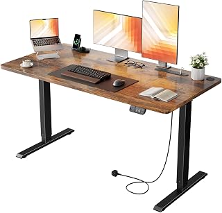 Electric Standing Desk, 120 x 60 cm Height Adjustable Sit Stand Table with 3 Power Outlets & 3 USB Ports, Home Office Desk with 2 Memory Smart Panel, Brown