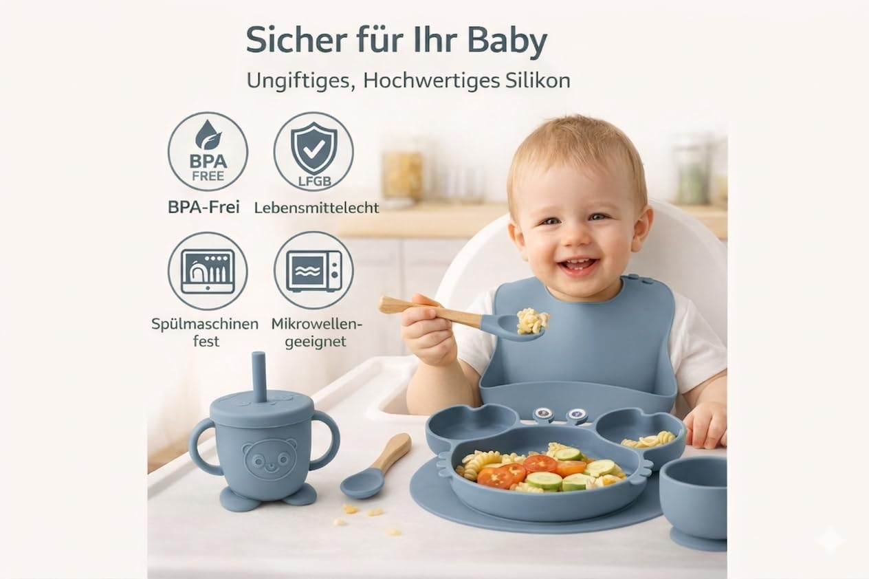 Eliano Lot de 6 assiettes en silicone pour bébé avec assiette crabe – Vaisselle antidérapante pour bébé avec ventouse, gobelet avec paille, cuillère, fourchette et bavoir – Sans BPA, passe au