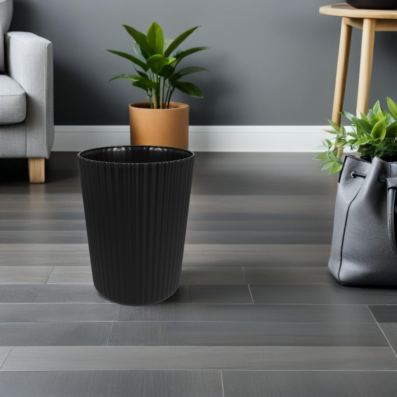 Papelera de Plástico Redonda Mediana sin Tapa Cubo de Basura Negro para Cocina y Baño Contenedor Versátil y Portátil para Escritorio y Hogar Bote de Basura Compacto para