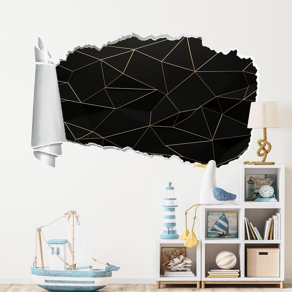 3D Durchbruch Wandtattoo Mädchen Kinderzimmer Geometrie Wandaufkleber Dekorative Schwarz Und Gold Wandsticker für Junge Teenager Zimmer Wohnzimmer Schlafzimmer Wandbilder Deko