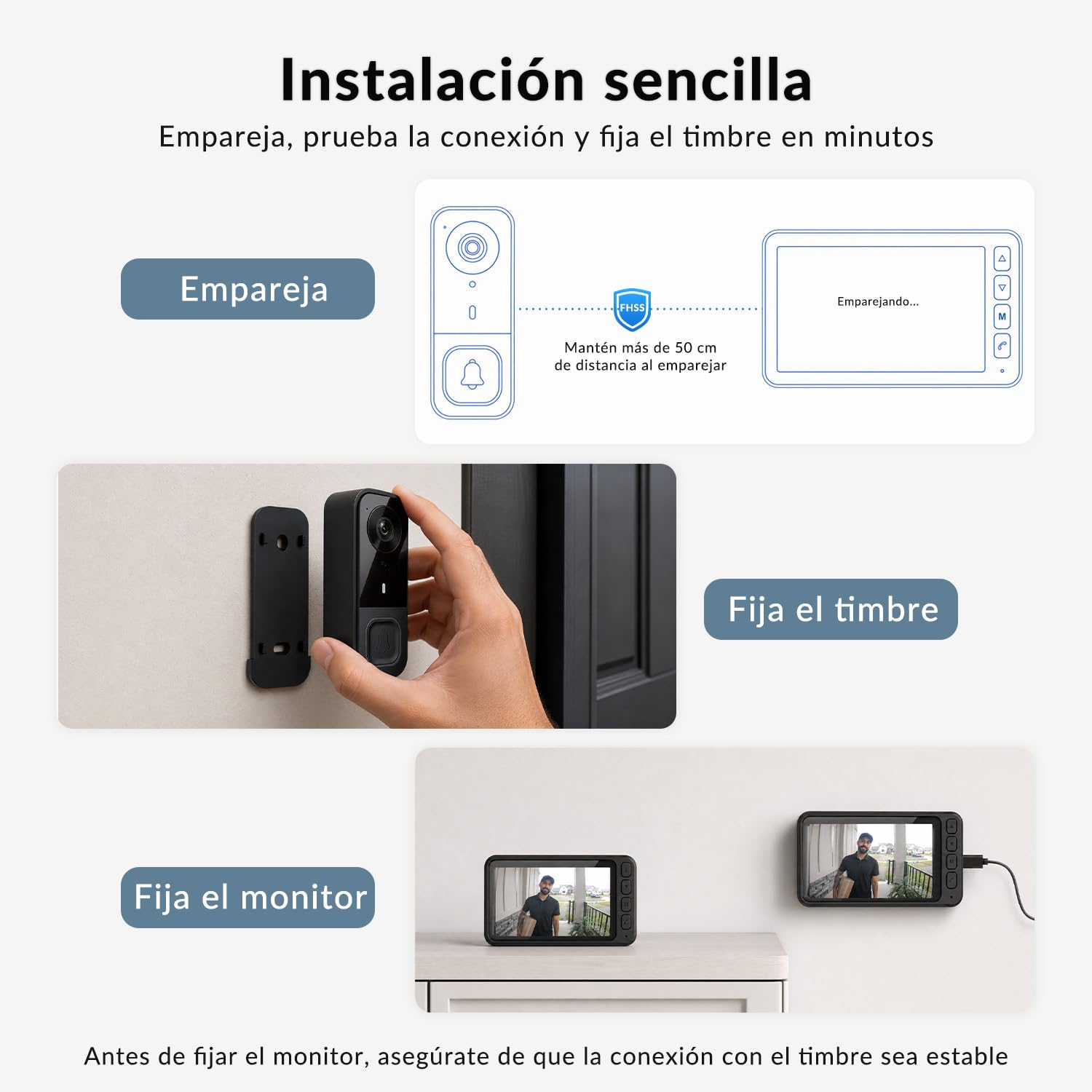 Timbre Inalámbrico con Cámara Exterior Impermeable, Videoportero Inalambrico con Pantalla de 4,5", Angular de 120°, Visión Nocturna y Audio Bidireccional, Batería de Larga Duración, No Requiere WiFi
