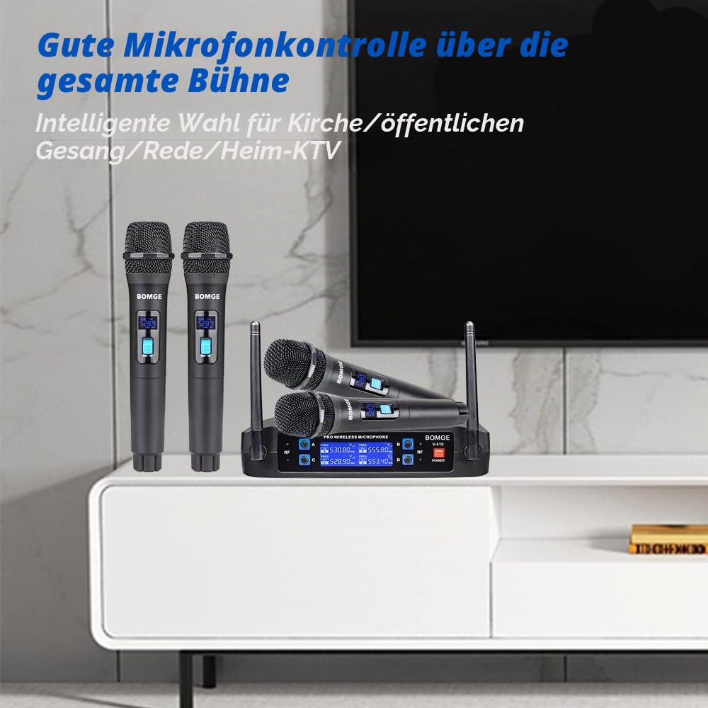 BOMGE Kabelloses Mikrofonsystem, Pro 4-Kanal schnurloses Mikrofon-Set mit vier Handmikrofonen, feste Frequenz, lange Reichweite 61 m, ideal für Kirche, Karaoke, Veranstaltungen