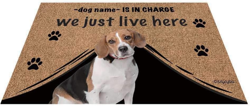 BAGEYOU Personalized Dog's Name Doormat with My Love Dog Beagle Welcome Floor Mat Who is in Charge We Just Live Here 23.6 X 15.7