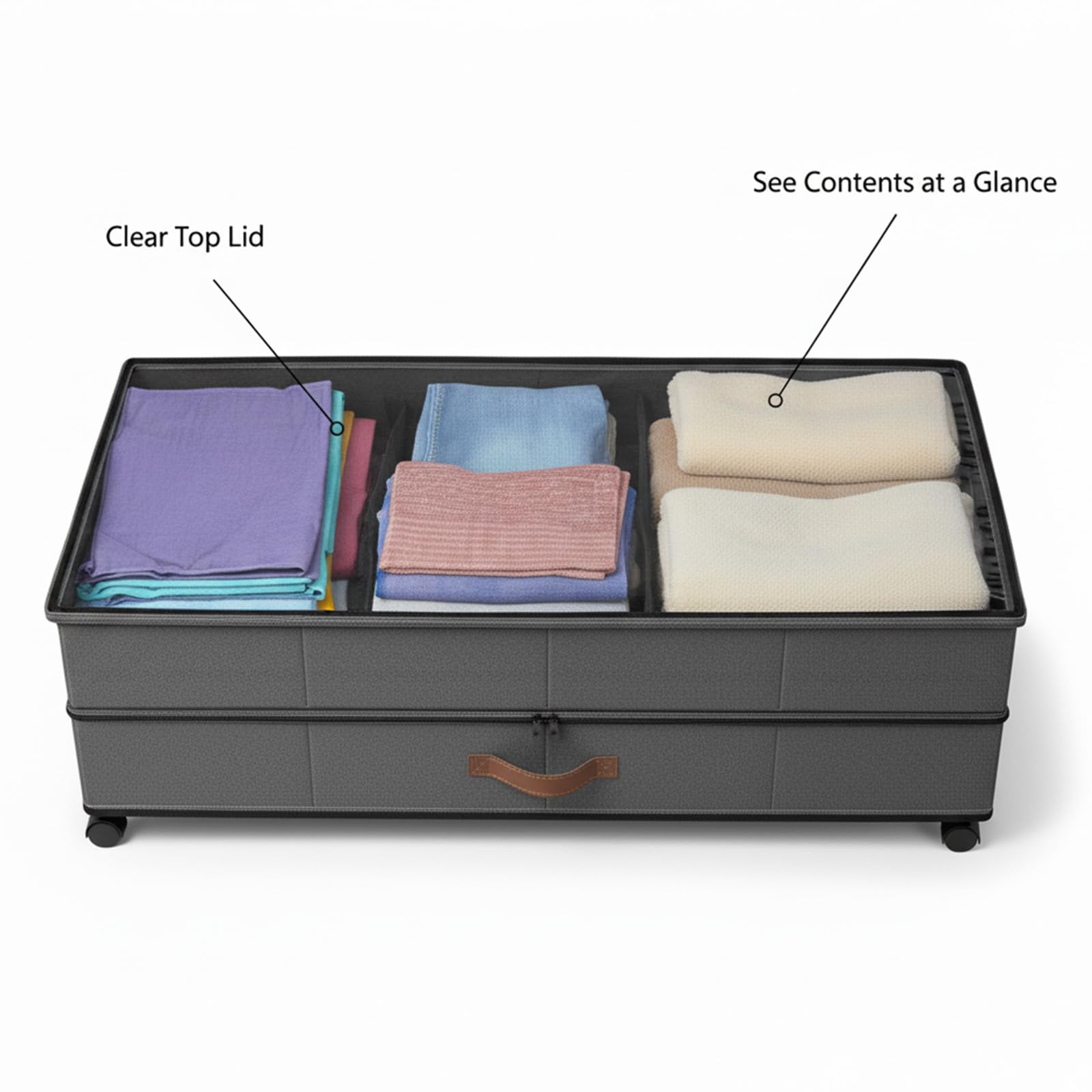 Unterbettkommode mit Rollen, 72 l, XXL, großes Fassungsvermögen, Unterbett-Aufbewahrungsbehälter mit transparenten Deckeln, 27,9 cm Höhe, Unterbett-Schuhbehälter für Decke, Kleidung