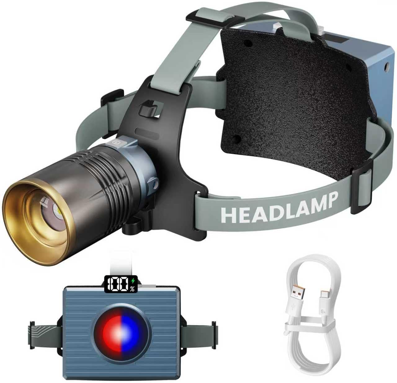 Rechargeable Headlamp Super Bright, 24000 mAh High Lumen Zoomable/Spotlight Floodlight, Head Lamp Light for Search Rescue, Construction Work, Outdoor use, Emergencies, USB-C and More