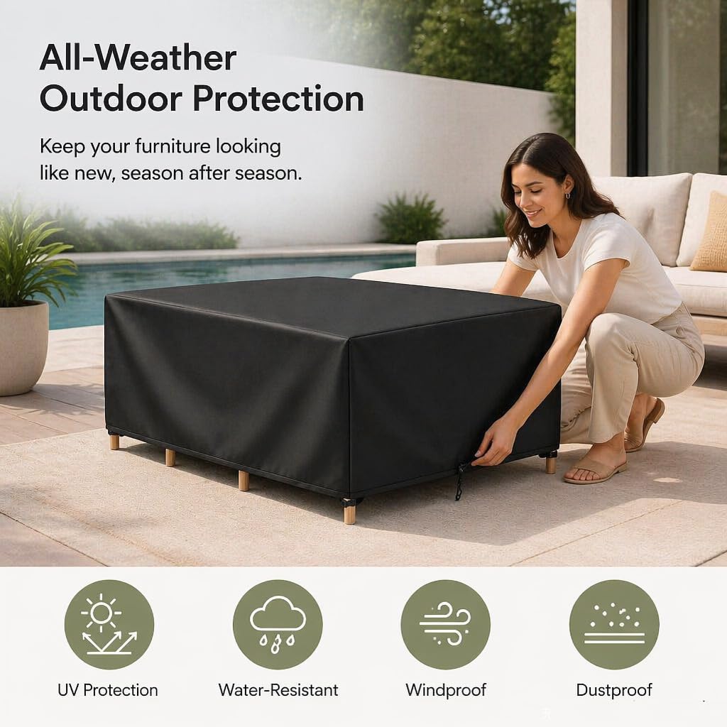 Housse Salon de Jardin Imperméable 420D Oxford, 340x210x75cm/LxWxH Bâche Protection Cube et Lounge Extérieur Anti-UV, Couverture Meubles avec Boucles