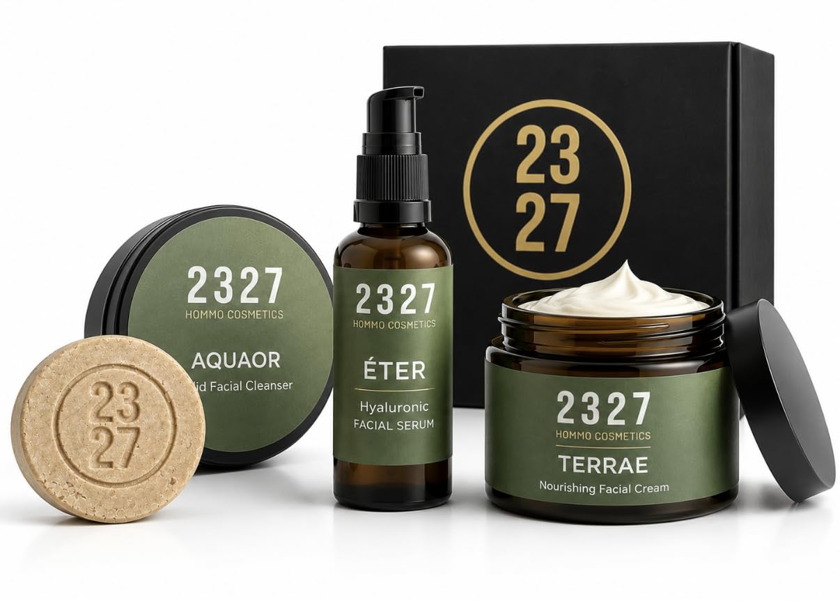 Kit Cuidado Facial Hombre | Rutina Facial Botánica 3 Pasos | Limpiador Facial + Sérum y Crema con Ácido Hialurónico | Hidratación Profunda y Sin Brillos | ELEMENTVM | 2327