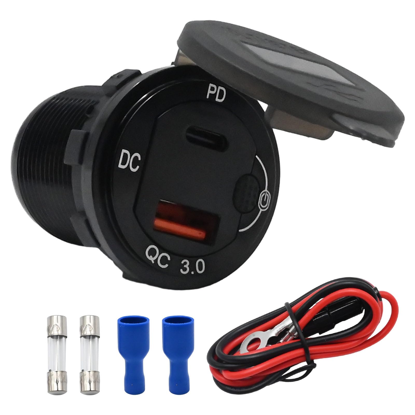 UOIENRT 83 W USB-C-Autoladegerät, 18 W QC3.0 und 65 W USB-C-Anschluss, 12 V Steckdose mit Knopfschalter, intelligentes Voltmeter für Auto, Golfwagen, Marine