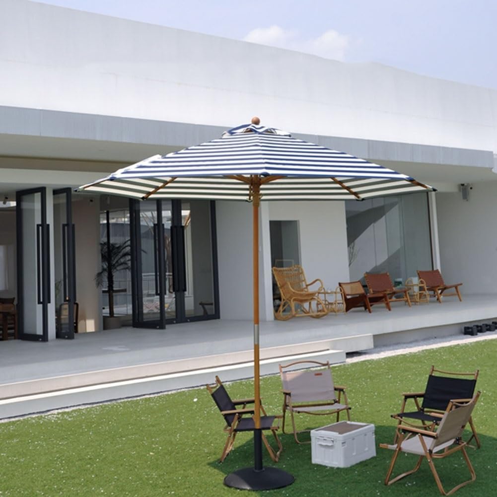 Duży Parasol Ogrodowy W Niebieskie Paski, 270 Cm, Okrągły Drewniany Parasol Tarasowy, Parasol Przeciwsłoneczny Do Stołów Ogrodowych, Tarasów I Basenów