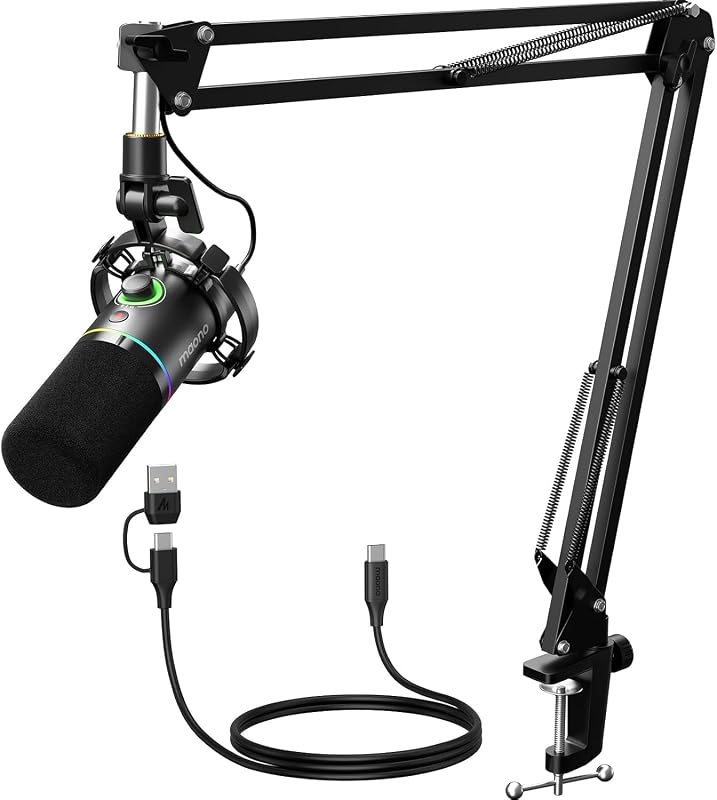 MAONO PD200XS XLR/USB Dynamic Microphone Kit, RGB Gaming Mic with Software | PC Mic with Mute, Gain Knob, Volume Control, Boom Arm for Streaming, Gaming, Podcasting, Voice-Over, Recording