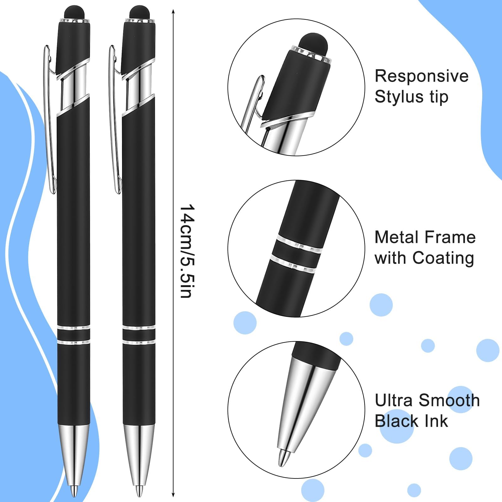Penne a sfera con punta stilo, confezione da 100 penne stilo 2 in 1 per touch screen, inchiostro nero, punta media, retrattile, in metallo, per tablet, ufficio, scuola, 1,0 mm