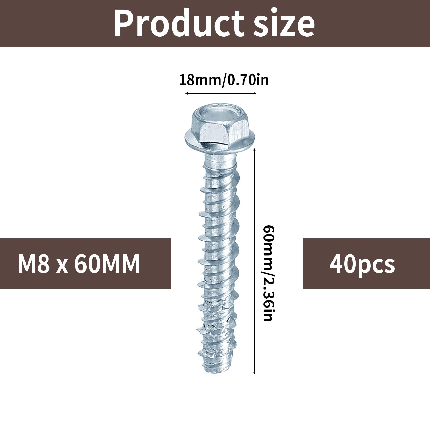 Set di 40 viti per calcestruzzo M8 x 60 mm, testa esagonale, viti per calcestruzzo zincate con disco per muratura architettura industriale