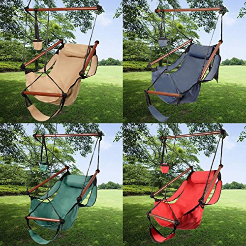 Chair Outdoor Indoor Hammock Hanging Air Deluxe Swing Chair Solid Wood 250lb/Blue Color - Thumbnail 2