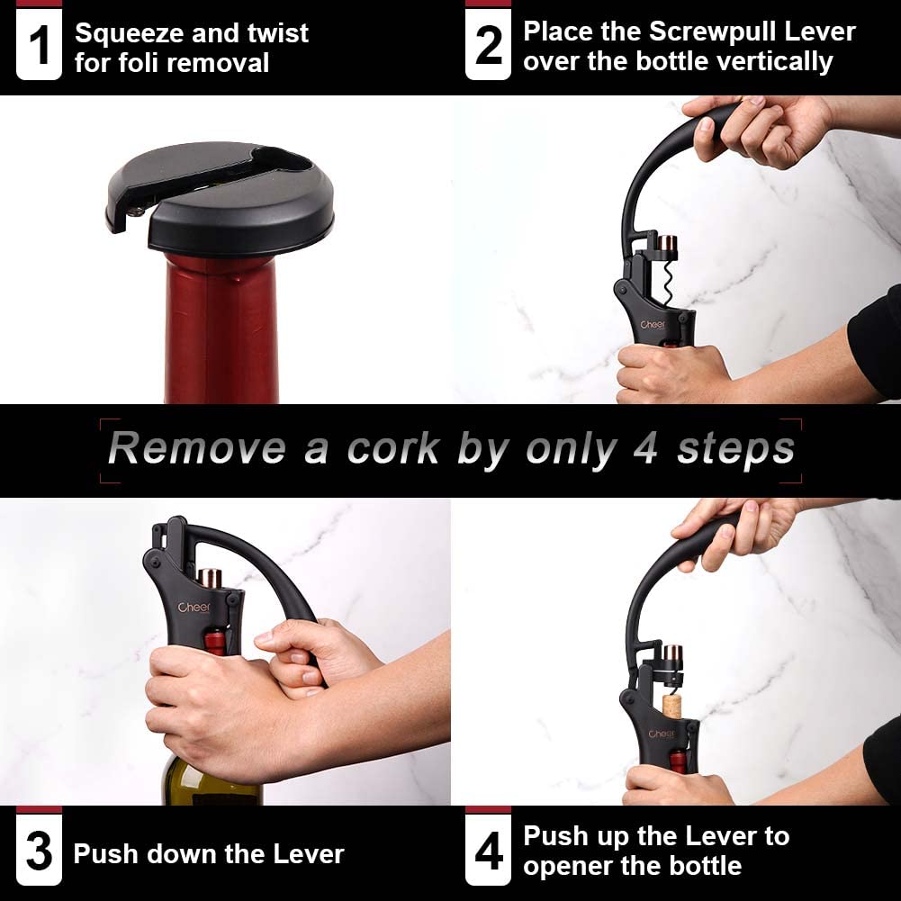 CHEER MODA Leva Screwpull – Cavatappi verticale compatto professionale, elegante apribottiglie Shaduf Screwpull per vino, rimozione manuale del tappo del vino con tagliacapsule rimovibile e spirale