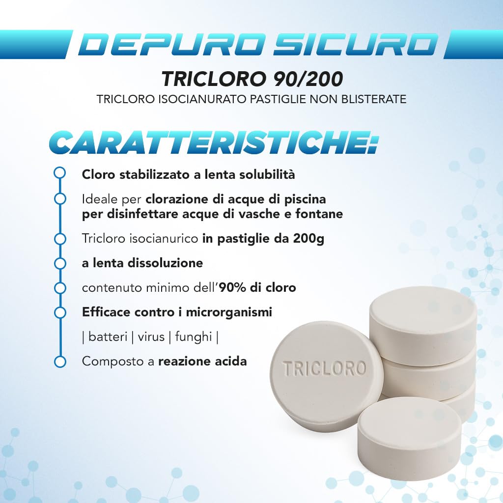 Naturii kg 10 Cloro Lento, tricloro 90/200 compresse Pastiglioni da 200 gr, cloro attivo 90%